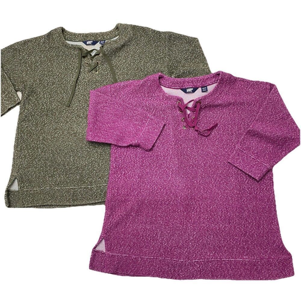 Lot Lands' End  3/4 Sleeve Textured Lace Up Front Tunic Tops  Women's PM